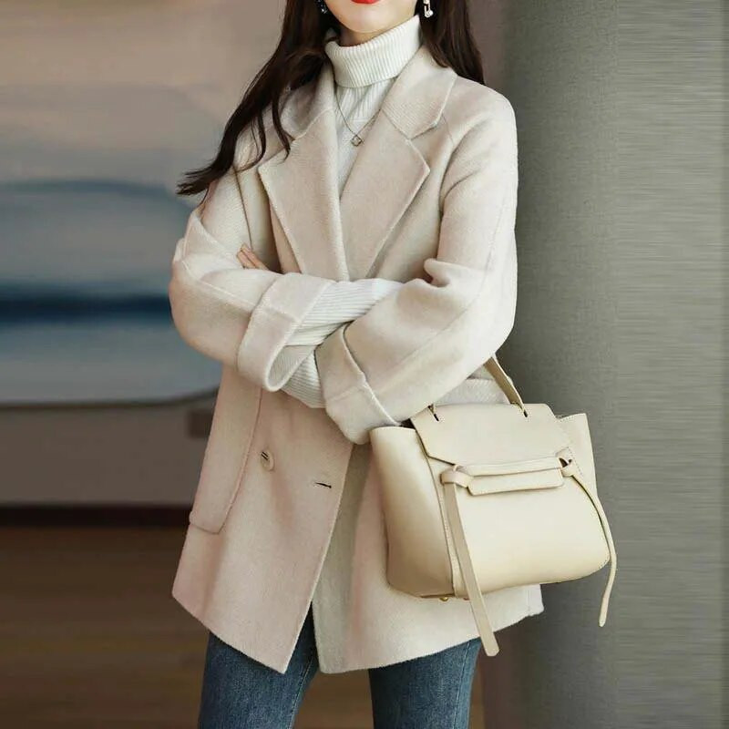 Moteriškas vilnos paltas Elegancija madinga korėjietiška rudens žiemos striukė Stora, šilta, vientisa dviguba krūtinė ilgomis rankovėmis biuro moteriški viršutiniai drabužiai