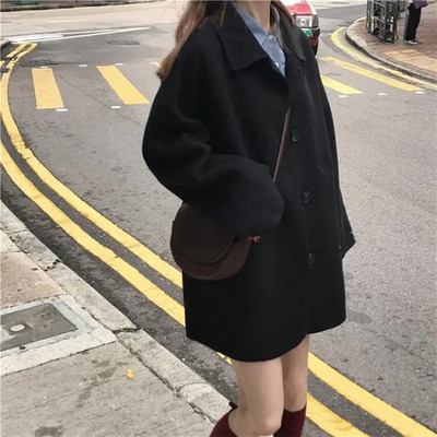 Koreai hosszú gyapjúkabát Női alkalmi laza póló nyakú felsőruházat Őszi téli női elegáns treck kabát Tweed kabát