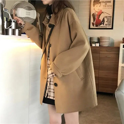 Koreai hosszú gyapjúkabát Női alkalmi laza póló nyakú felsőruházat Őszi téli női elegáns treck kabát Tweed kabát
