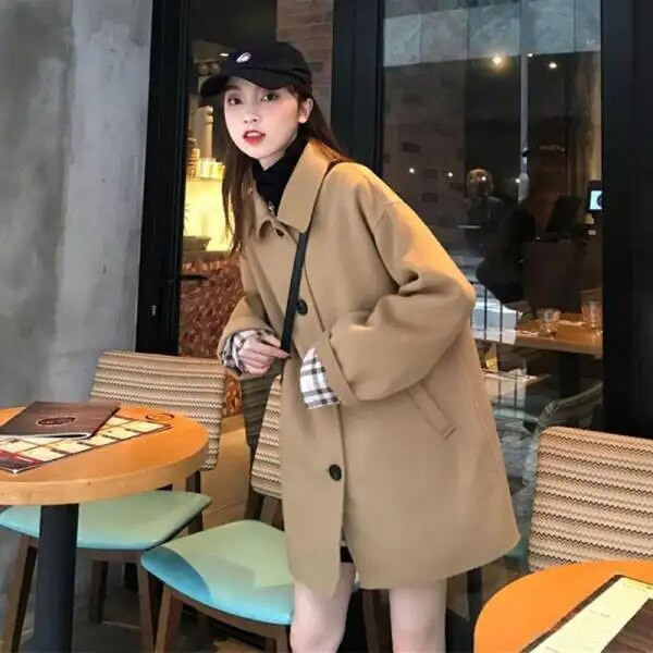 Koreai hosszú gyapjúkabát Női alkalmi laza póló nyakú felsőruházat Őszi téli női elegáns treck kabát Tweed kabát