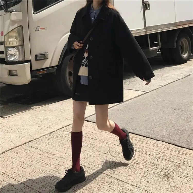 Koreai hosszú gyapjúkabát Női alkalmi laza póló nyakú felsőruházat Őszi téli női elegáns treck kabát Tweed kabát