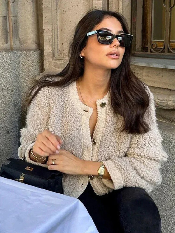 Ėrienos vilnos moteriškas paltas O formos iškirpte ilgomis rankovėmis, viena krūtine moteriška trumpa striukė 2023 m. rudens žiemos mados strert laisvi moteriški viršutiniai drabužiai