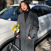 Naiste villane mantel, sügistalvine puuvillane paksendatud avar korea ülikonnajope, allapoole krae, pikkade varrukatega kaherealised ülerõivad