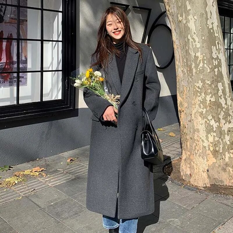 Naiste villane mantel, sügistalvine puuvillane paksendatud avar korea ülikonnajope, allapoole krae, pikkade varrukatega kaherealised ülerõivad