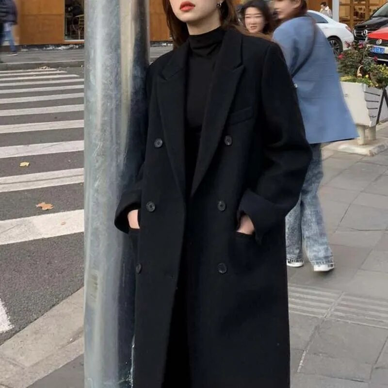 Naiste villane mantel, sügistalvine puuvillane paksendatud avar korea ülikonnajope, allapoole krae, pikkade varrukatega kaherealised ülerõivad