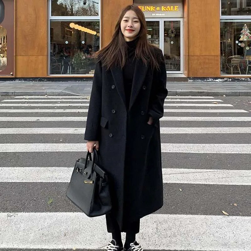 Naiste villane mantel, sügistalvine puuvillane paksendatud avar korea ülikonnajope, allapoole krae, pikkade varrukatega kaherealised ülerõivad