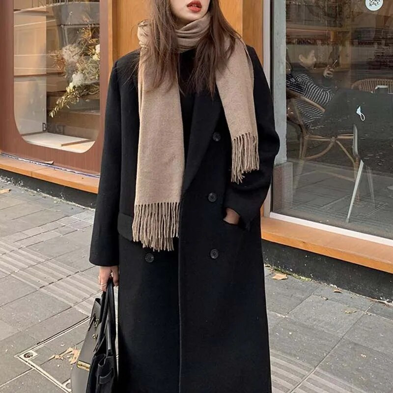 Naiste villane mantel, sügistalvine puuvillane paksendatud avar korea ülikonnajope, allapoole krae, pikkade varrukatega kaherealised ülerõivad