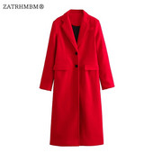 ZATRHMBM Sieviešu 2023. gada rudens ziemas modes sarkans vilnas mētelis ar garām piedurknēm, sieviešu virsdrēbes ar vienrindu, eleganti topi