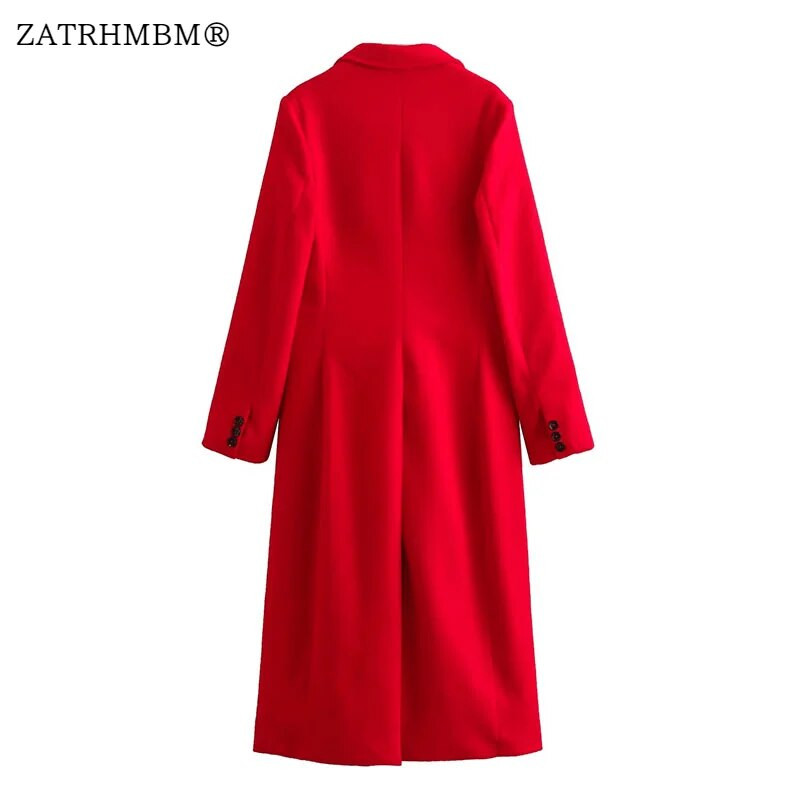 ZATRHMBM Sieviešu 2023. gada rudens ziemas modes sarkans vilnas mētelis ar garām piedurknēm, sieviešu virsdrēbes ar vienrindu, eleganti topi