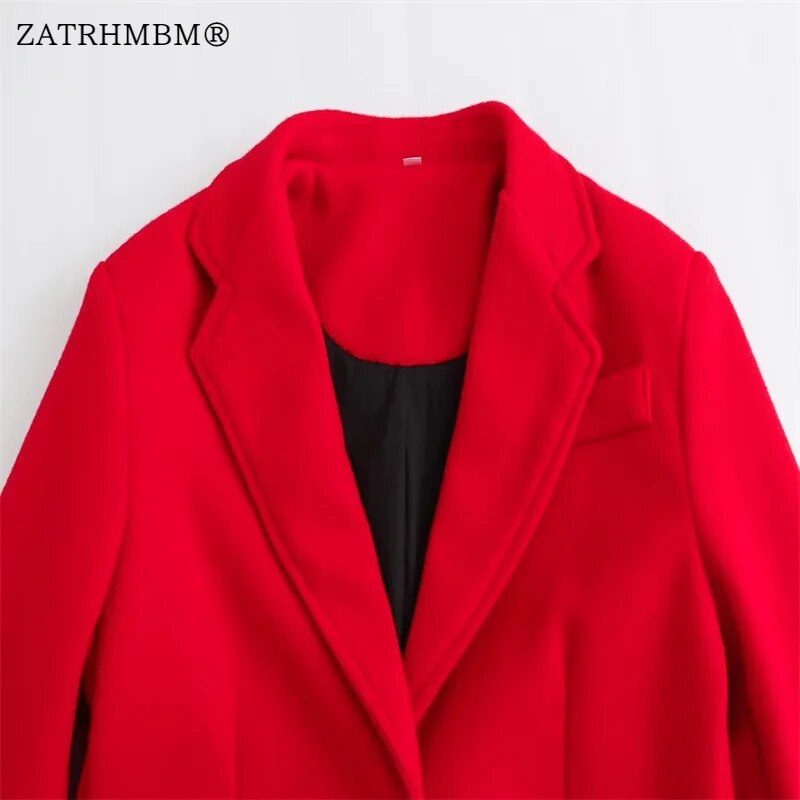 ZATRHMBM Sieviešu 2023. gada rudens ziemas modes sarkans vilnas mētelis ar garām piedurknēm, sieviešu virsdrēbes ar vienrindu, eleganti topi