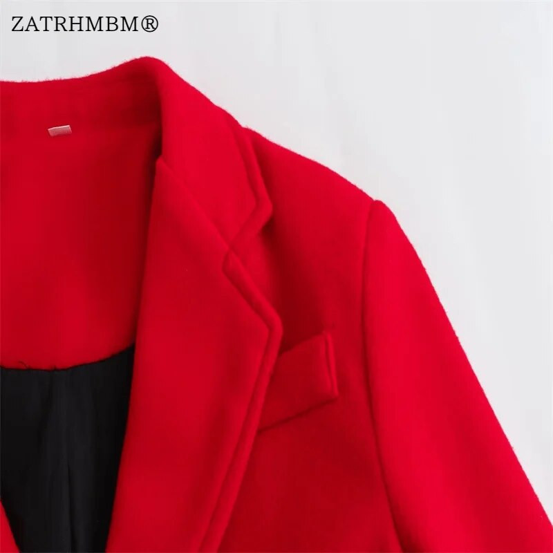ZATRHMBM Sieviešu 2023. gada rudens ziemas modes sarkans vilnas mētelis ar garām piedurknēm, sieviešu virsdrēbes ar vienrindu, eleganti topi