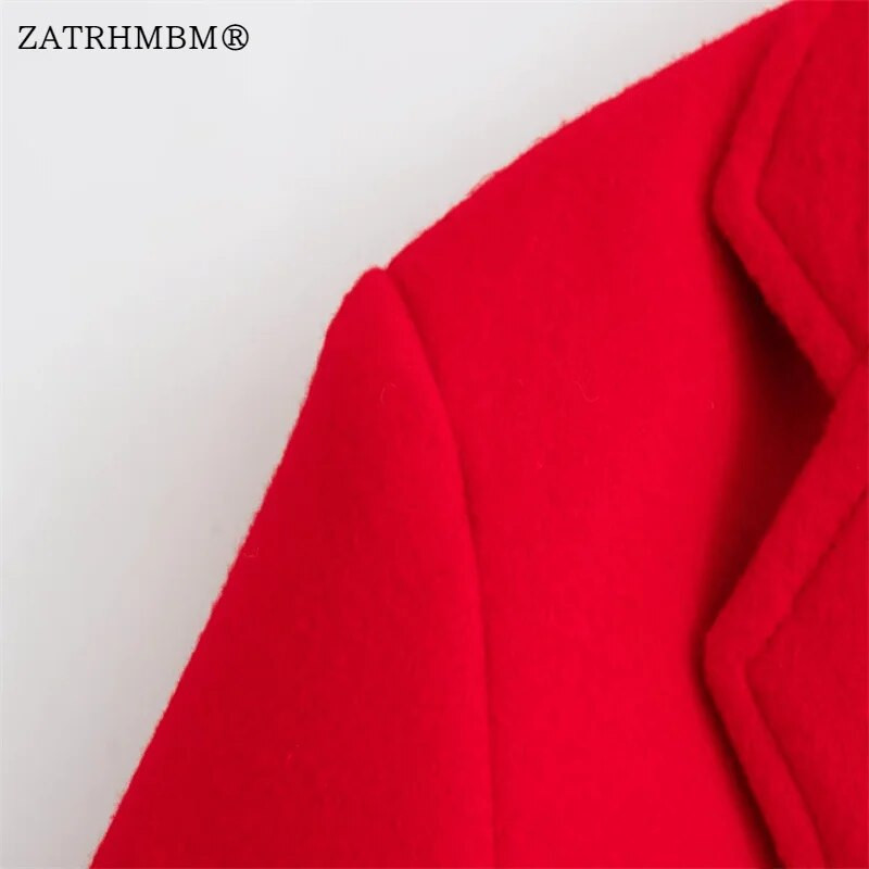 ZATRHMBM Sieviešu 2023. gada rudens ziemas modes sarkans vilnas mētelis ar garām piedurknēm, sieviešu virsdrēbes ar vienrindu, eleganti topi