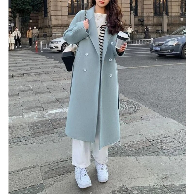 Brīvs mētelis sievietēm Ikdienas vienkrāsains virsdrēbes ar jostu Korejas modes biroja sieviešu virsjaka Apģērbi Rudens un Ziemas Jaunums 2023