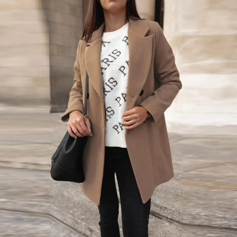 Μάλλινα παλτό Φθινοπωρινό χειμωνιάτικο μάλλινο τζάκετ πέτο Διπλά κουμπιά Κομψά γυναικεία μπουφάν μεσαίου μήκους Κορεάτικα πανωφόρια καμπαρντίνα