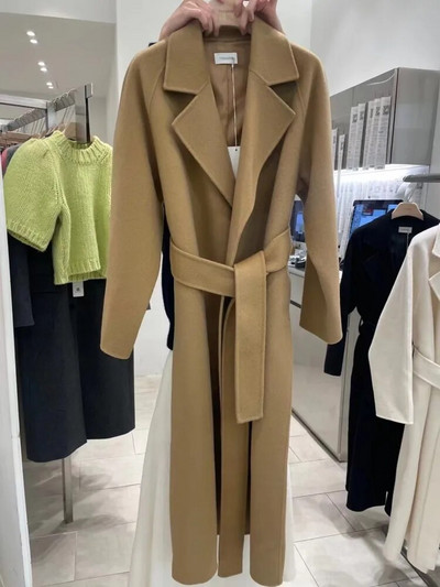 Sieviešu elegants, garš vilnas mētelis ar jostu Rudens ziemas modes viengabalains ar garām piedurknēm šiks virsdrēbes Sieviešu ikdienas mētelis 2023