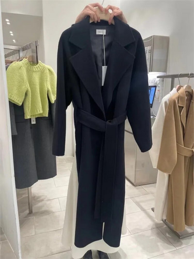 Sieviešu elegants, garš vilnas mētelis ar jostu Rudens ziemas modes viengabalains ar garām piedurknēm šiks virsdrēbes Sieviešu ikdienas mētelis 2023