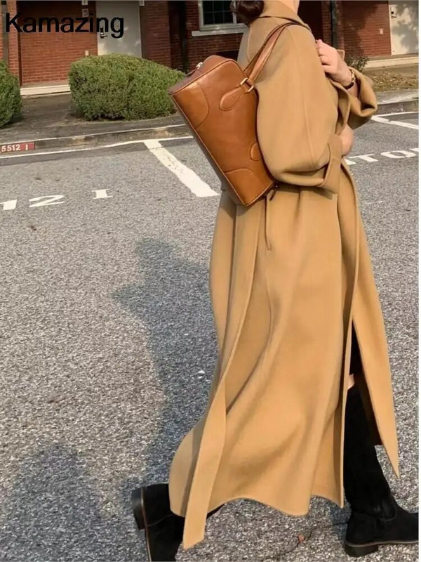 Sieviešu elegants, garš vilnas mētelis ar jostu Rudens ziemas modes viengabalains ar garām piedurknēm šiks virsdrēbes Sieviešu ikdienas mētelis 2023