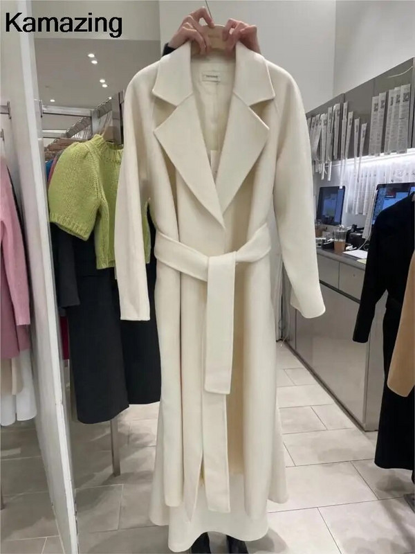 Sieviešu elegants, garš vilnas mētelis ar jostu Rudens ziemas modes viengabalains ar garām piedurknēm šiks virsdrēbes Sieviešu ikdienas mētelis 2023