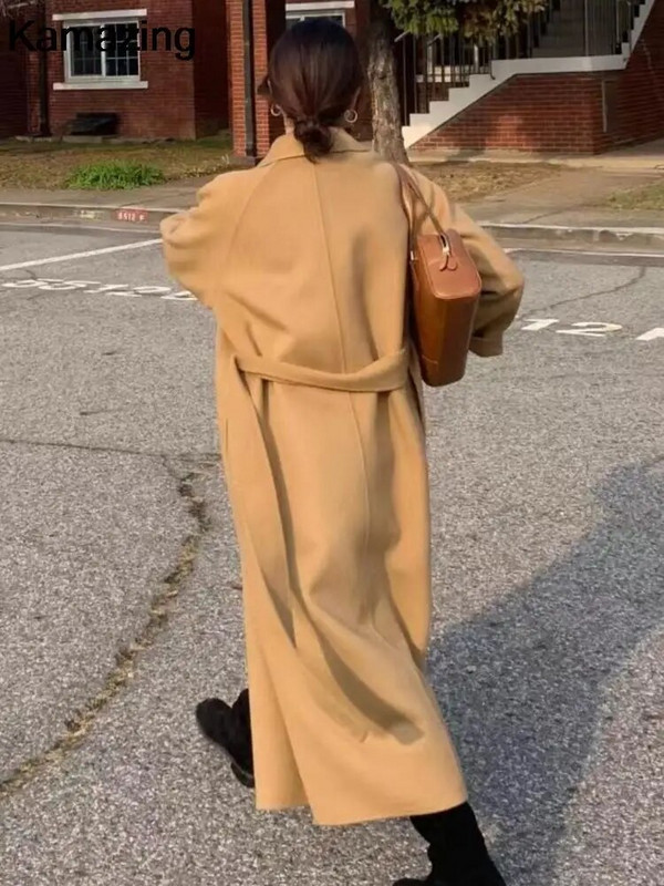 Sieviešu elegants, garš vilnas mētelis ar jostu Rudens ziemas modes viengabalains ar garām piedurknēm šiks virsdrēbes Sieviešu ikdienas mētelis 2023