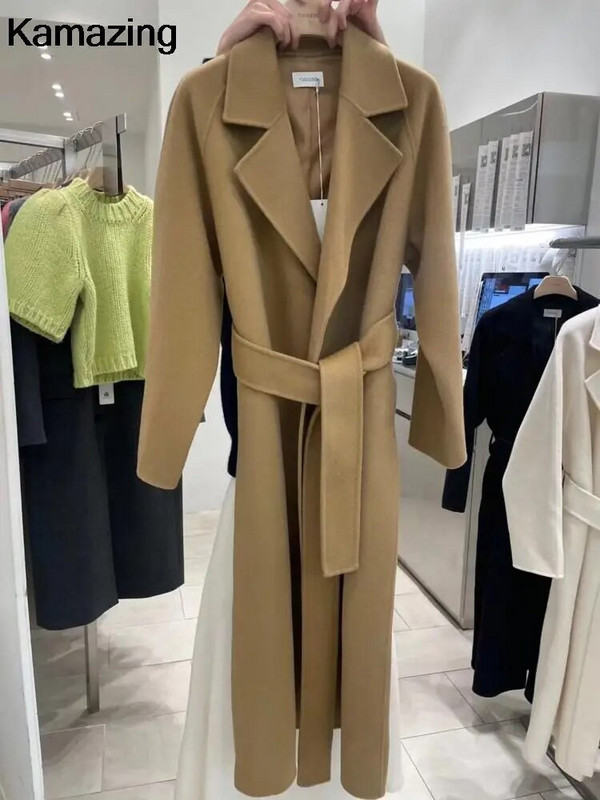 Sieviešu elegants, garš vilnas mētelis ar jostu Rudens ziemas modes viengabalains ar garām piedurknēm šiks virsdrēbes Sieviešu ikdienas mētelis 2023