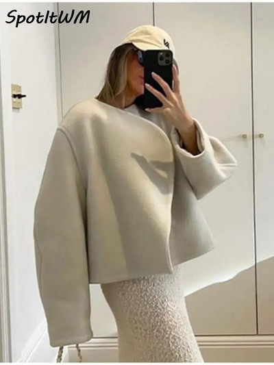 Női elegáns fehér bő őszi felsőruházat, V-nyakú, hosszú ujjú, meleg, vastag kardigán, alkalmi divat iroda Utcai rövid dzsekik