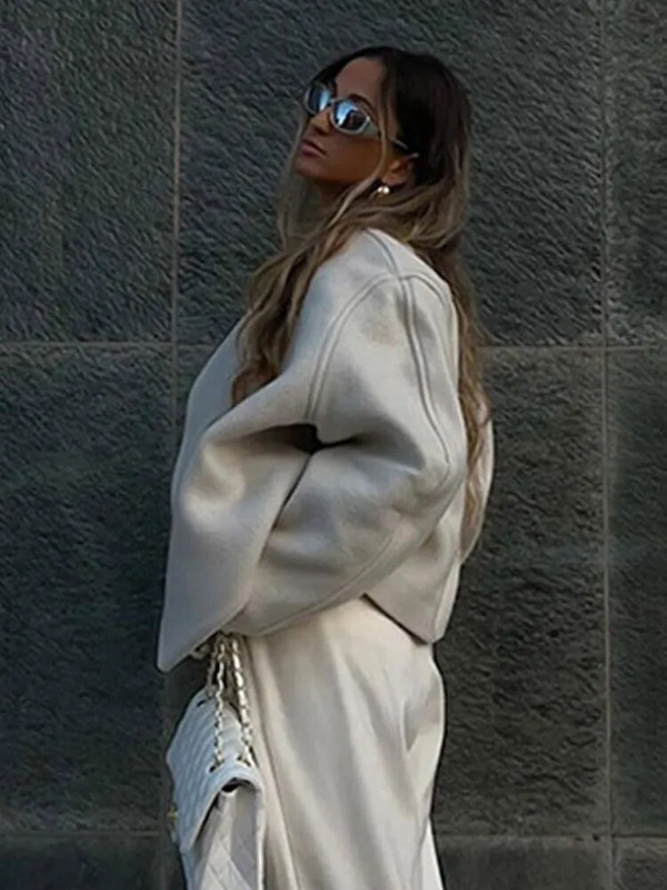 Női elegáns fehér bő őszi felsőruházat, V-nyakú, hosszú ujjú, meleg, vastag kardigán, alkalmi divat iroda Utcai rövid dzsekik