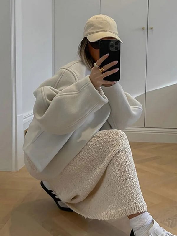 Női elegáns fehér bő őszi felsőruházat, V-nyakú, hosszú ujjú, meleg, vastag kardigán, alkalmi divat iroda Utcai rövid dzsekik