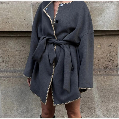 Biezs vilnas mētelis sieviešu elegants, mežģīņots, brīvas sieviešu jakas ar vienrindu 2023. gada ziemas paneļiem.