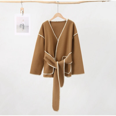 Biezs vilnas mētelis sieviešu elegants, mežģīņots, brīvas sieviešu jakas ar vienrindu 2023. gada ziemas paneļiem.