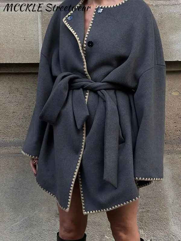 Biezs vilnas mētelis sieviešu elegants, mežģīņots, brīvas sieviešu jakas ar vienrindu 2023. gada ziemas paneļiem.