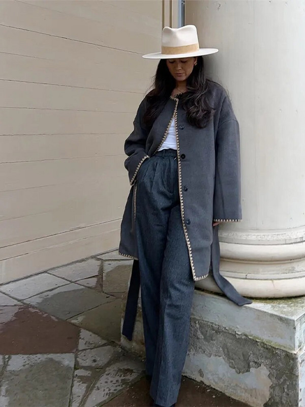 Biezs vilnas mētelis sieviešu elegants, mežģīņots, brīvas sieviešu jakas ar vienrindu 2023. gada ziemas paneļiem.