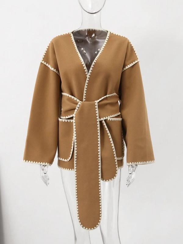 Biezs vilnas mētelis sieviešu elegants, mežģīņots, brīvas sieviešu jakas ar vienrindu 2023. gada ziemas paneļiem.