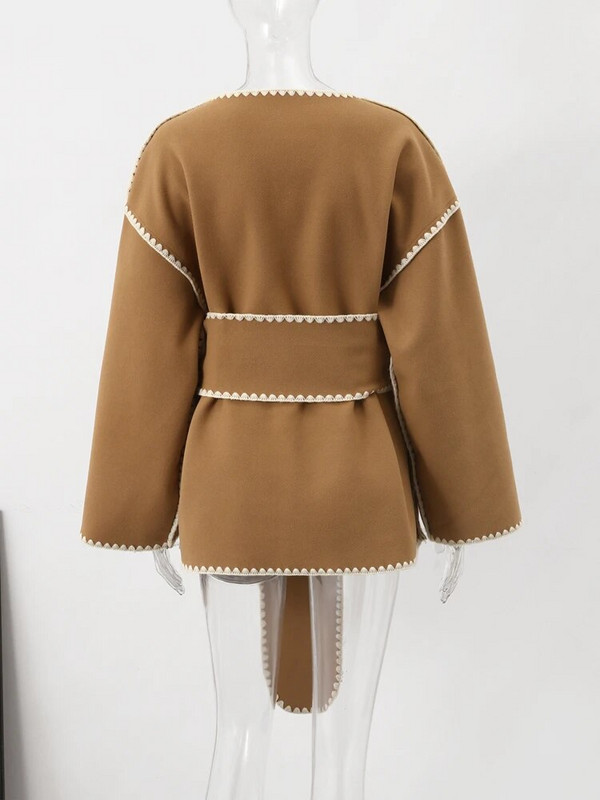 Biezs vilnas mētelis sieviešu elegants, mežģīņots, brīvas sieviešu jakas ar vienrindu 2023. gada ziemas paneļiem.