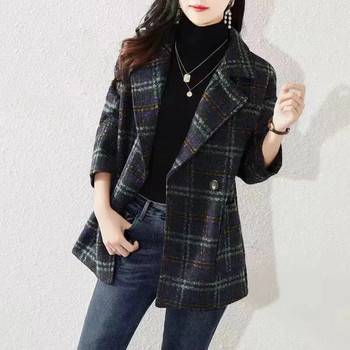 Пролетна и есенна нова мода Корейско свободно тънко палто с темперамент Дамски джокер костюм с яка и карирана подплата с тънко вълнено палто Tid