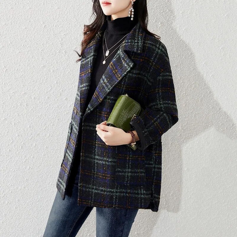 Pavasara un rudens jaunās modes korejiešu brīvs, slaids temperamenta mētelis, sieviešu Džokera uzvalks, apkakles rūtains, izklāts ar plānu vilnas mēteli