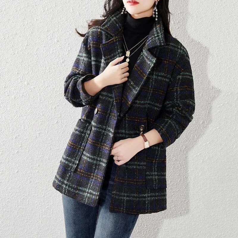 Pavasara un rudens jaunās modes korejiešu brīvs, slaids temperamenta mētelis, sieviešu Džokera uzvalks, apkakles rūtains, izklāts ar plānu vilnas mēteli