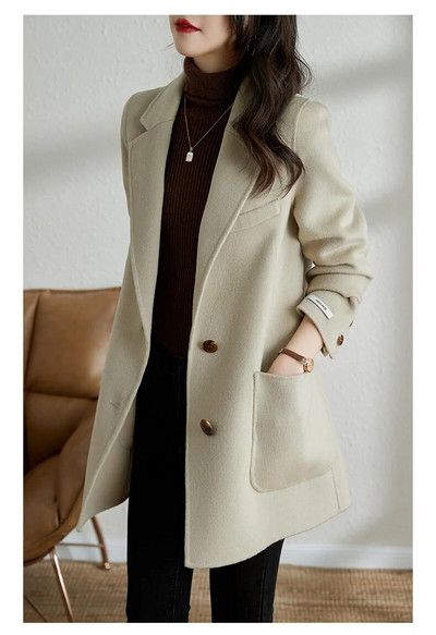 Korejiešu modes rudens un ziemas eleganta temperamenta mode, slaida, eleganta formāla biroja divpusēja kašmira tvīda sieviešu jaka