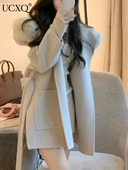 UCXQ viltus noņemama kažokādas apkakle ar regulējamu dizaineru vilnas jaka sievietēm Modes bieza silta mēteļa augšdaļa 2023 rudens Jaunums 23A4455