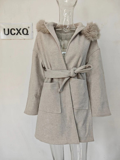 UCXQ viltus noņemama kažokādas apkakle ar regulējamu dizaineru vilnas jaka sievietēm Modes bieza silta mēteļa augšdaļa 2023 rudens Jaunums 23A4455