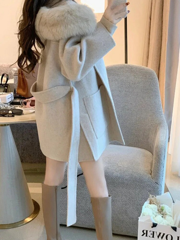 UCXQ viltus noņemama kažokādas apkakle ar regulējamu dizaineru vilnas jaka sievietēm Modes bieza silta mēteļa augšdaļa 2023 rudens Jaunums 23A4455