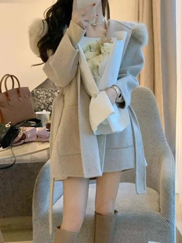 UCXQ viltus noņemama kažokādas apkakle ar regulējamu dizaineru vilnas jaka sievietēm Modes bieza silta mēteļa augšdaļa 2023 rudens Jaunums 23A4455