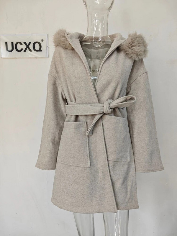 UCXQ viltus noņemama kažokādas apkakle ar regulējamu dizaineru vilnas jaka sievietēm Modes bieza silta mēteļa augšdaļa 2023 rudens Jaunums 23A4455