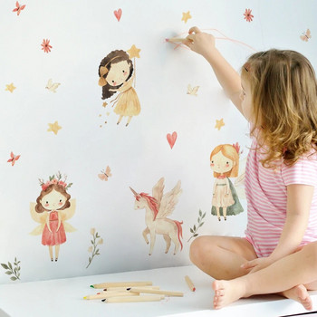 Boho Watercolor Cartoon Fairys Girl Unicorn Star Flowers Стикери за стена Стикери за стена за бебе момиче детска стая спалня домашен декор