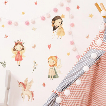 Boho Watercolor Cartoon Fairys Girl Unicorn Star Flowers Стикери за стена Стикери за стена за бебе момиче детска стая спалня домашен декор