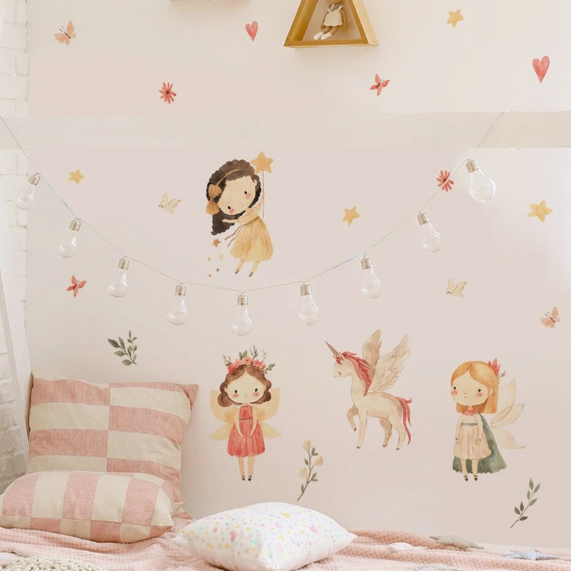 Boho akvareļu multfilmas fejas meitene vienradzis zvaigzne ziedi sienas uzlīmes sienas uzlīmes mazuļiem bērnistabas istabas guļamistabas mājas dekors