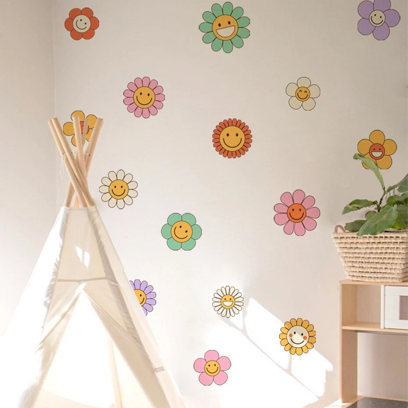 Boho rajzfilm mosolygó virágok Rózsaszín barna fali matricák gyerekszoba fali matricák baba óvodai matricák nappali lány hálószoba