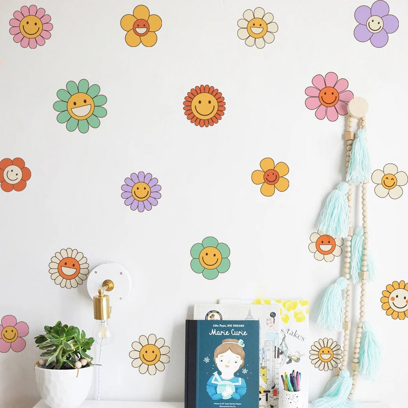 Boho rajzfilm mosolygó virágok Rózsaszín barna fali matricák gyerekszoba fali matricák baba óvodai matricák nappali lány hálószoba