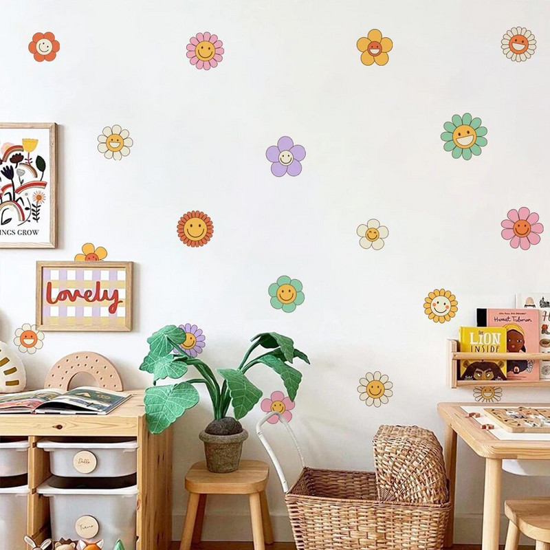 Boho rajzfilm mosolygó virágok Rózsaszín barna fali matricák gyerekszoba fali matricák baba óvodai matricák nappali lány hálószoba