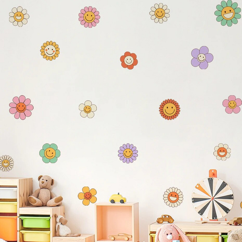 Boho rajzfilm mosolygó virágok Rózsaszín barna fali matricák gyerekszoba fali matricák baba óvodai matricák nappali lány hálószoba