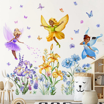 3бр. Голямо цвете Фея Момиче Растение Цвете Пеперуда Стикери за стена Момиче за хол Спалня Фон Декоративни стикери за стена